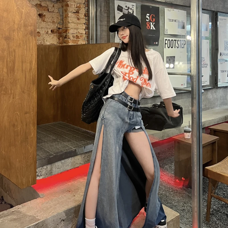 

Women Denim Skirt Blue Woman's Clothing Baggy Dress Split Irregular Streetwear High Waisted Vintage Designs Y2K Casual Solid