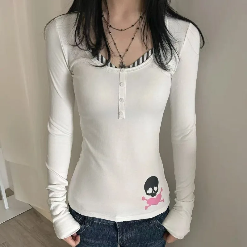 

Женские топы с длинными рукавами в готическом стиле Sweetheart, футболка с принтом черепа Y2k, футболка в стиле гранж, винтажная уличная одежда в стиле 2000-х годов