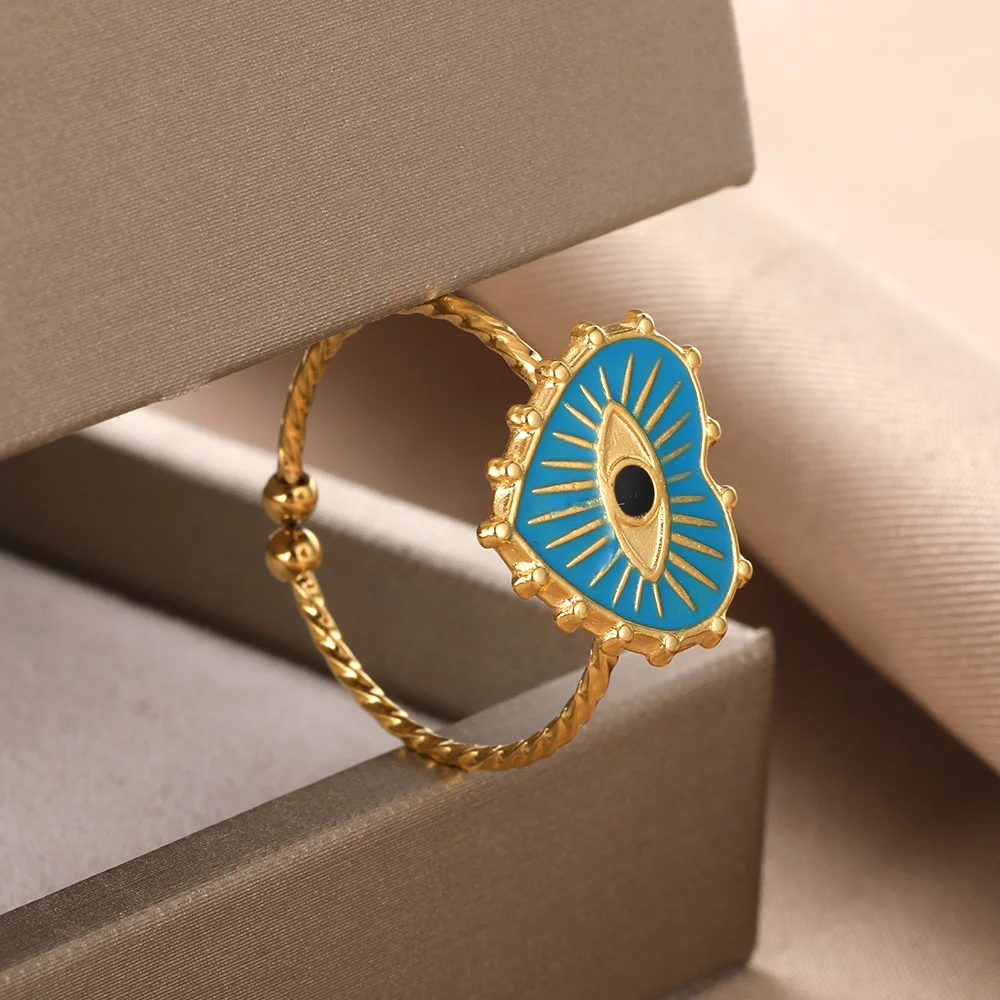 Turkish Evil Eye Adjustable Ring, Gold Color Design