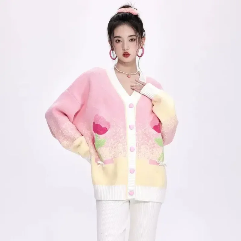 الحلو ولطيف نمط فتاة حار زهرة القوس الخامس الرقبة محبوك سترة المرأة الخريف والشتاء العصرية المرأة سترة فضفاضة