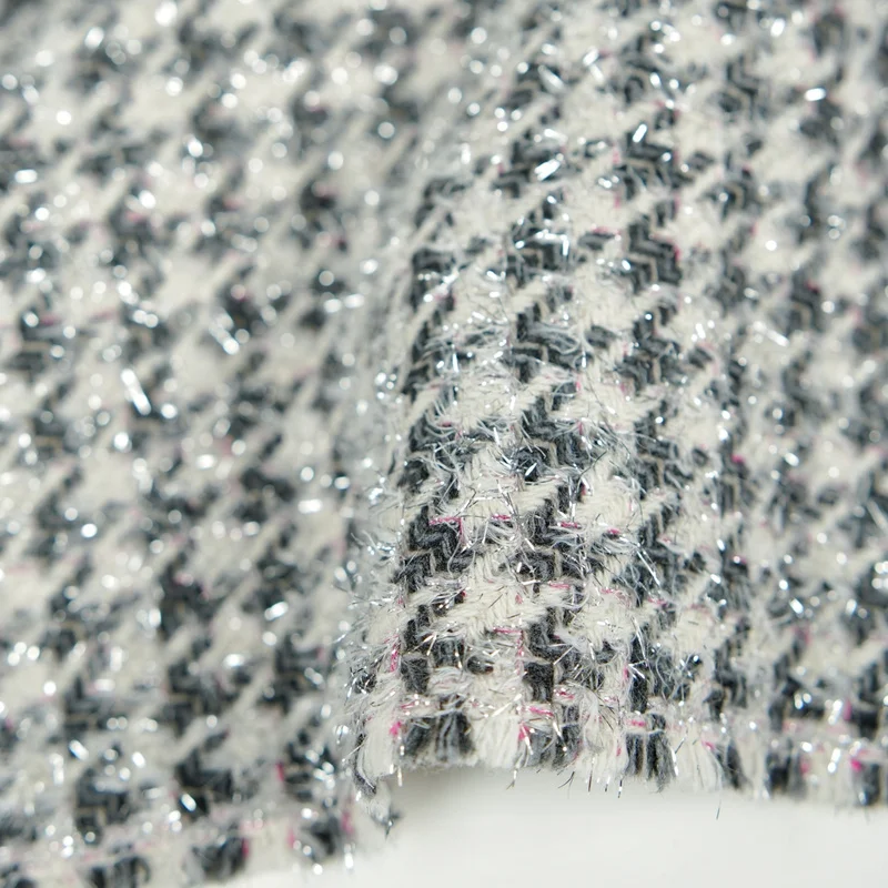 2 Yards Draped and stylish Black and white shimmering yarn houndstooth wool fabric for jackets, trench coats, and skirtsA