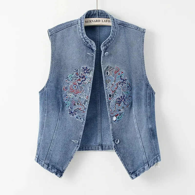 

Retro Embroidered Denim Vests For Women Jackets New Chinese Style Embroidered Floral Cardigan Women's Vest Chalecos Para Mujeres