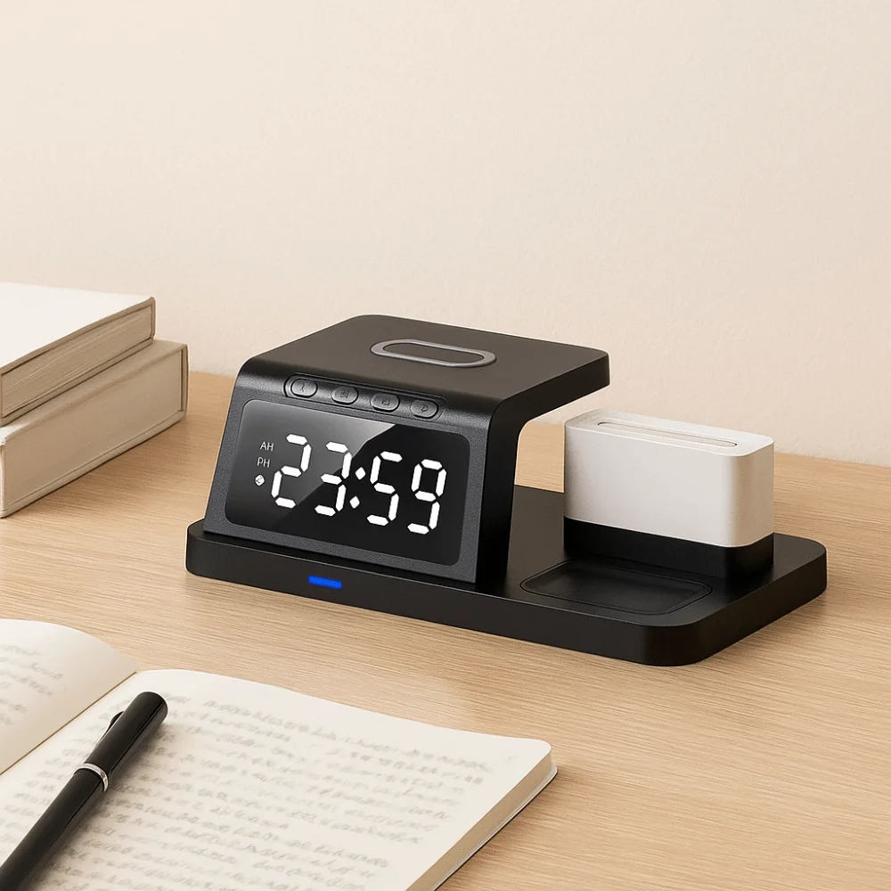 

Plastic Wireless Charging Clock Fast Charging Earphone Charging Wireless Charger Clock with Watch Stand LED Display