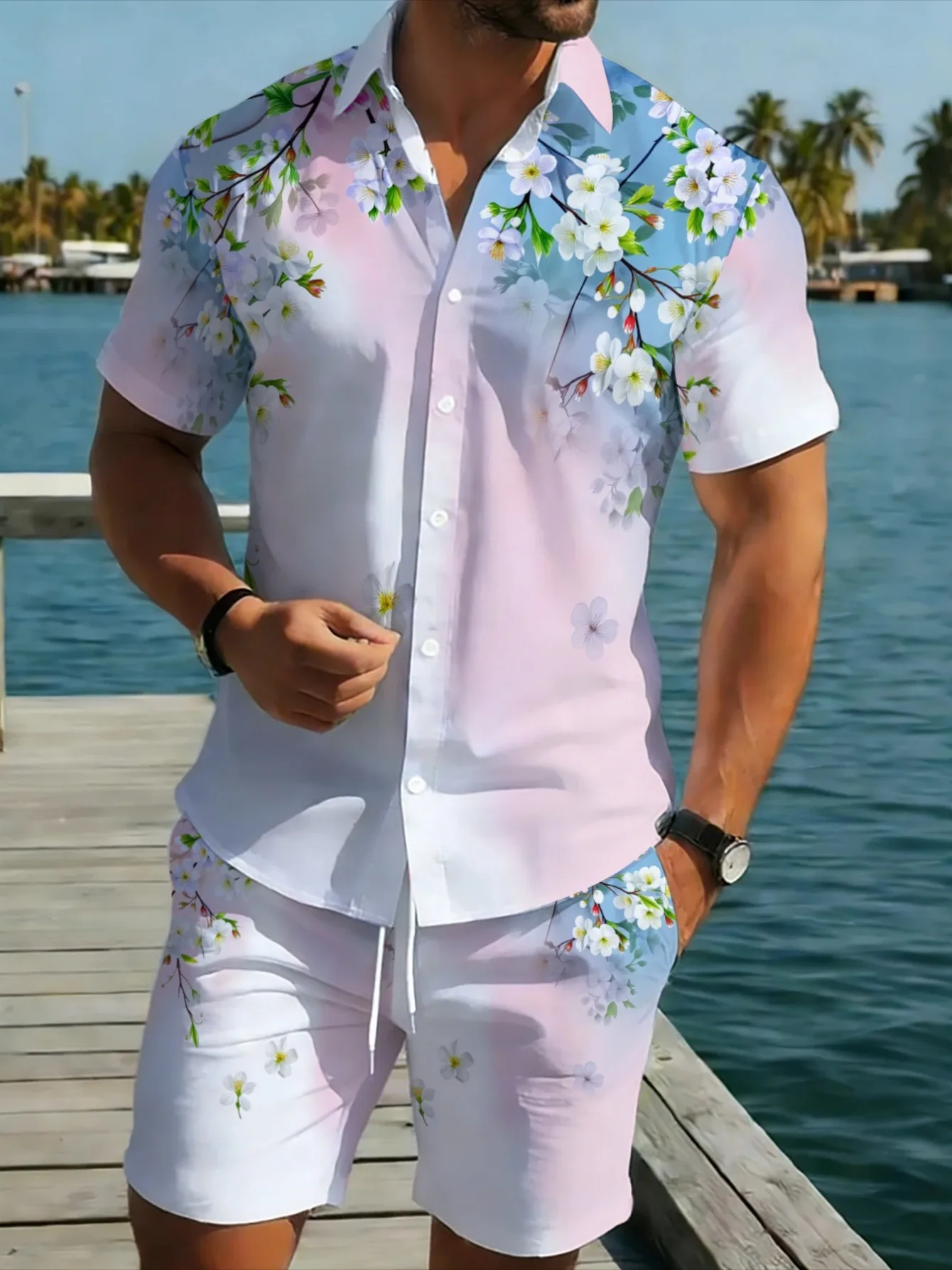 Conjunto Hawaiano de 2 Piezas para Hombre, Estampado Degradado de Flores de Cerezo, Camisa y Pantalones Cortos Juveniles, Atuendo de Verano para la Playa o Vacaciones
