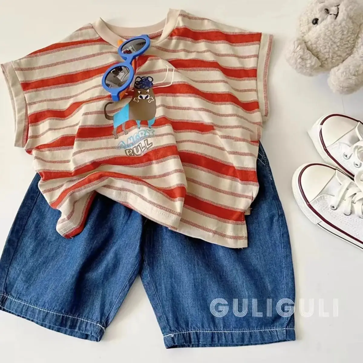 Baby Boys Summer Sleeveless Set Korean Fashion Kid Cotton Loose Striped Tank Top and Blue Jeans Toddler 2pcs Set Outfits