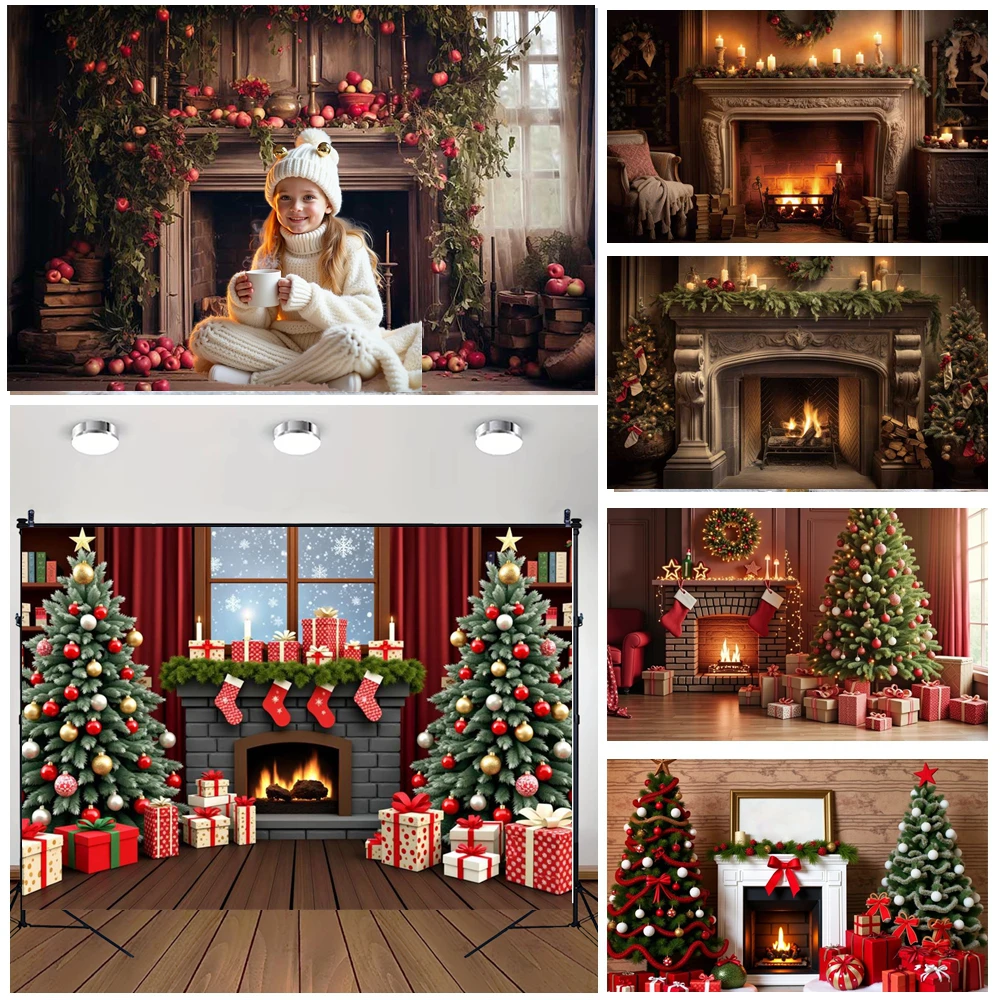 

MOON.QG Christmas Decor Background Photography Fireplace Apples Vintage Red Custom Backdrop Party Photoshoot Wall Accessories