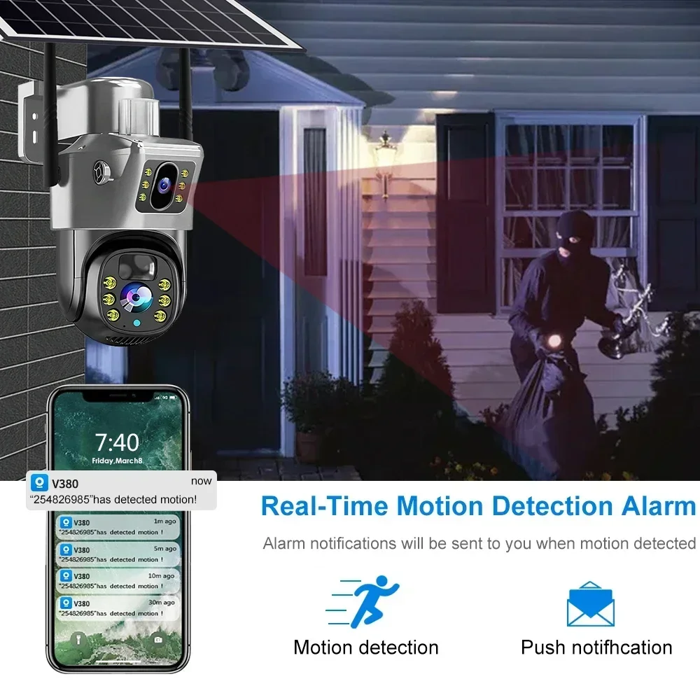 4K 8MP Solar Camera Outdoor Battery 4G IP Cam Dual Lens Security-Protection PIR Auto Tracking Wireless Surveillance CCTV