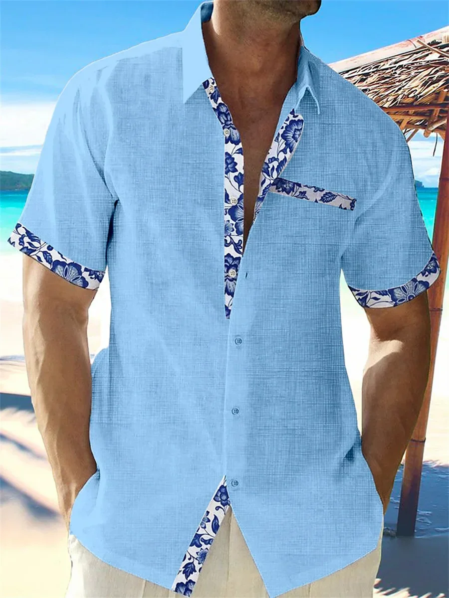 

3D printed summer casual fashion men's Hawaiian linen short sleeved shirt beach pocket lace plus size multiple colors