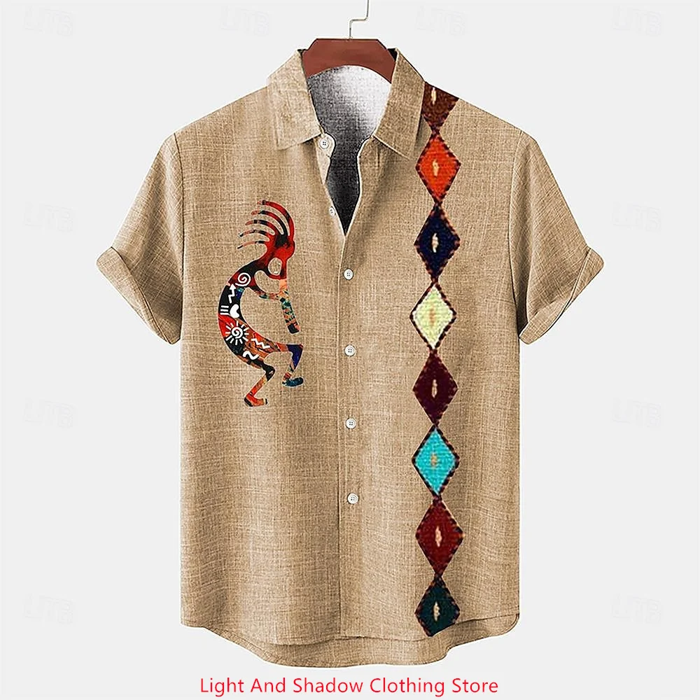 

Men's Ethnic Printed Lapel Button Cardigans Short Sleeve High-Quality Linen plus Size Street Leisure Fashionable Clothing