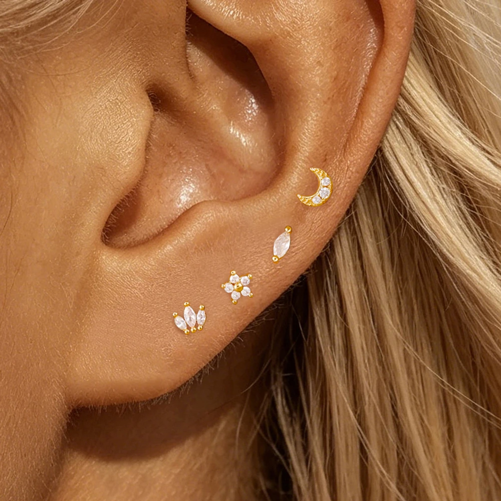 4 pares de pendientes de botón chapados en oro con diseño de luna y flor, de nueva moda, para mujer, para cartílago y hélix, joyería para piercing, regalos para chicas