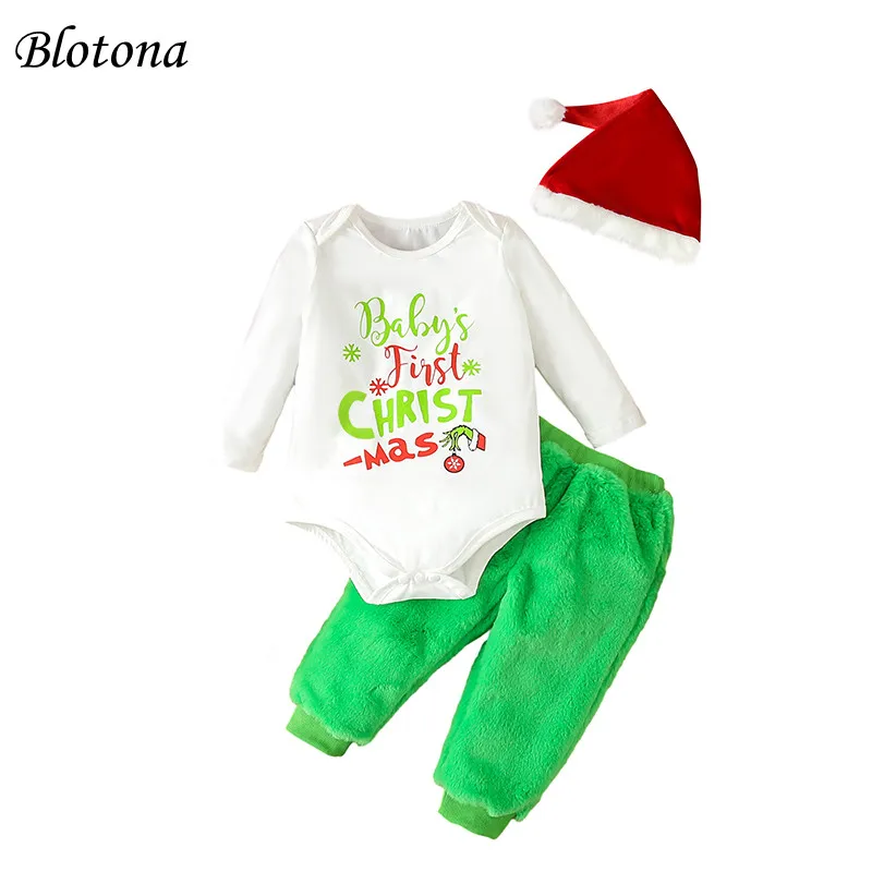 

Blotona Baby Boys Christmas 3PCS Outfits Long Sleeve Letter Print Romper Green Plush Pants Santa Hat Sets 0-12Months