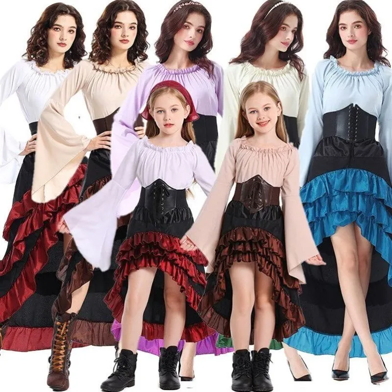 

Medieval Pirate Stage Queen Performance Long Dress Halloween Renaissance Cosplay Parent-Child Clothing Ethnic Stage Costume