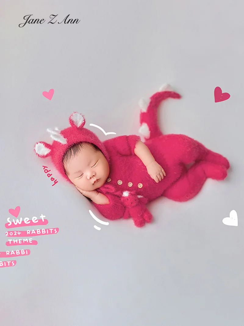 Newborn baby girl dinosaur costume handmade knitted rosy red  hat and jumpsuit home studio shooting outfits