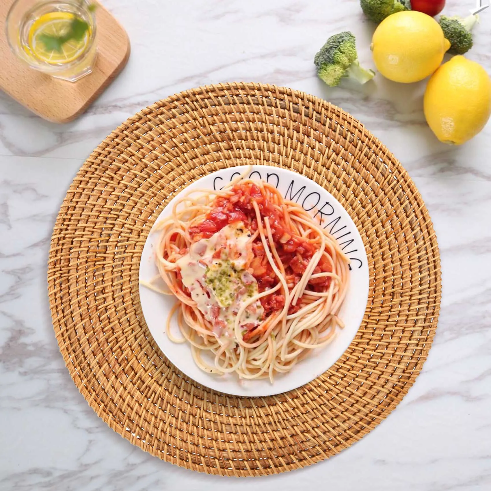 

-[Retail TX] Handwoven Rattan Placemats,Round Wicker Table Mats, Natural Woven Placemats For Dinner Table,Heat Resistant Mats