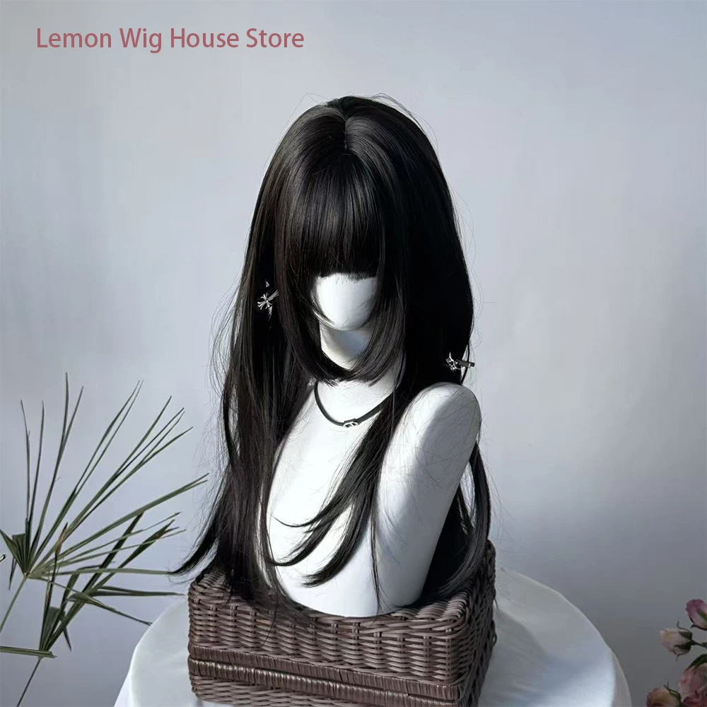 Black Synthetic Wig with Bangs High-Layered Wigs Lolita Long Straight Hair Red Natural Wig for Women's Daily Cosplay Wig 가발