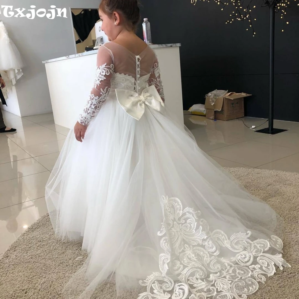 

New Classic O-neck Long Sleeve Dresses For Girls Wedding Clothes Exquisite Lace Appliques Princess Gown Birthday Party