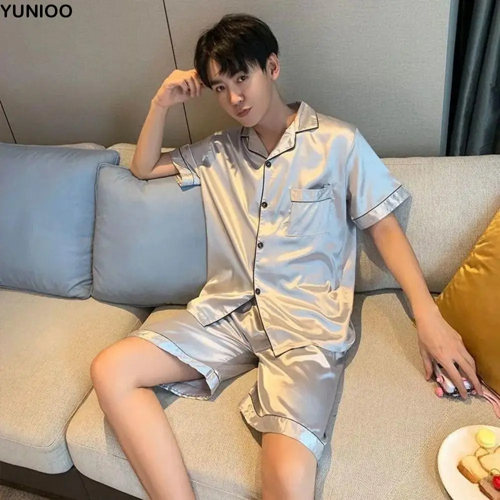

Simple Stripe Men’s Pajama Suit Satin Silk Grid Short Sleeve Nightwear Loose Homewear Two Pieces Sleepwear Summer