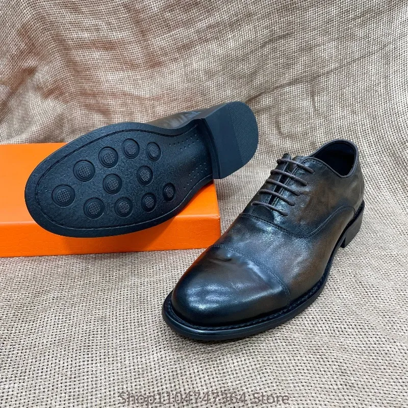 Classic Business Dress Men's Leather Shoes British Style Washed  Genuine Leather Soft Face Oxford Shoes Male Work Derby
