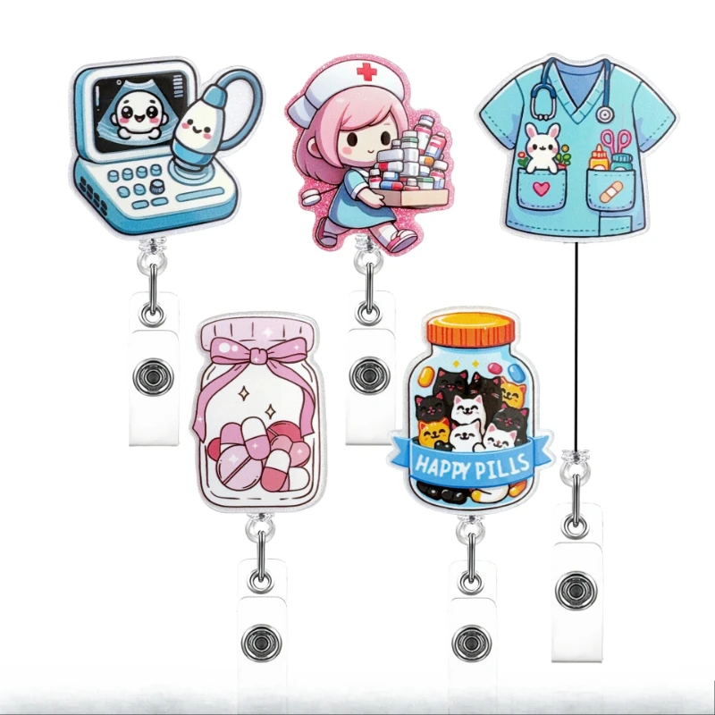 Cartoon Acrylic Glitter Badge Reel 360°  Retractable ID Holder for Nurses Doctors Hospital Staff Sparkling Medical ID Card Clip