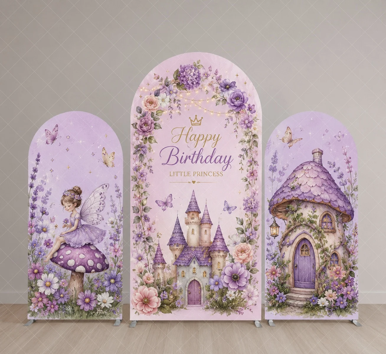 Housse de fond d'arche d'anniversaire Princesse Fée Violette, toile de fond de fête de jardin floral Château Enchanté