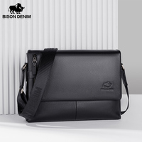 BISON DENIM New Genuine Leather Men Handbags Flap Men's Shoulder Bag Casual Office Messenger Bags Fashion Crossbody Bag