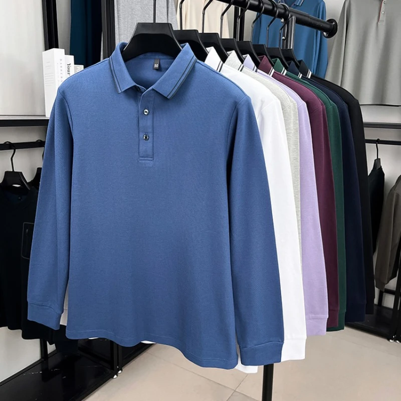 

100% Cotton Long Sleeve Polo Shirt - Lavender Hexagon Pique Autumn Winter Thermal Layering Essential