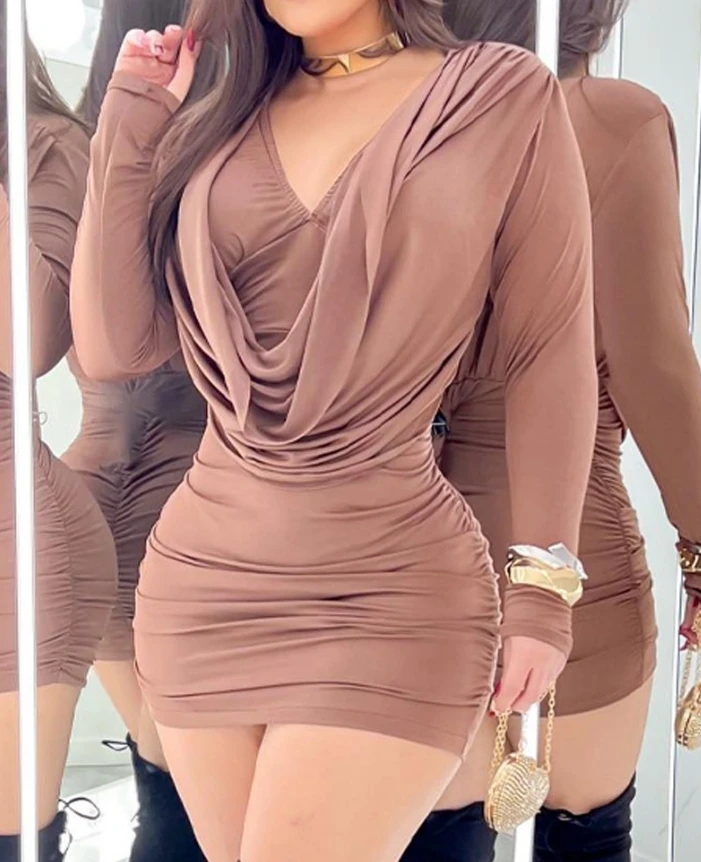 

Women's Sexy Dress Autumn Winter Latest 2025 Cowl Neck V-Neck Long Sleeve Ruched Bodycon Slim Fit Mini Dress Skinny Short Skirt