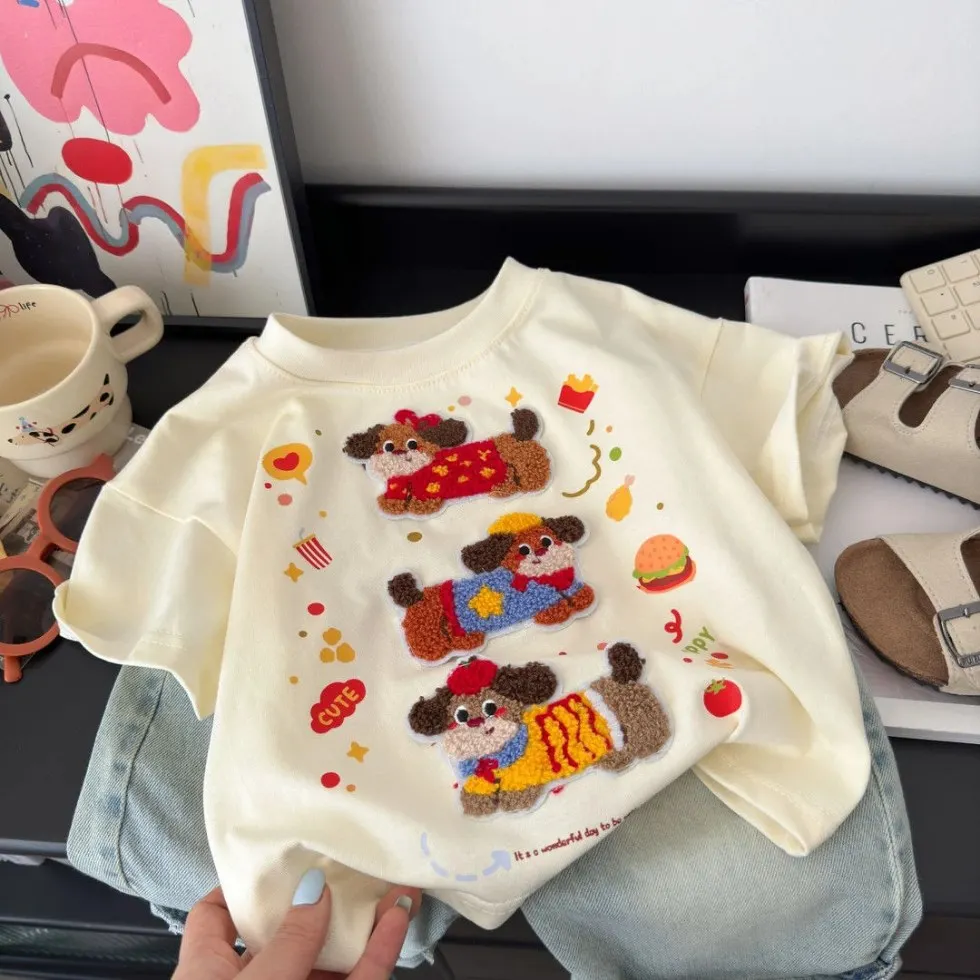 

Pure Cotton Girls Boys Adult Cute T-shirt for Children's Clothes Short-sleeved Baby Kids Three-dimensional Cartoon Dall Tops