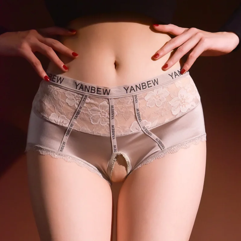Roupa interior de cetim suave senhoras cuecas de virilha aberta ver através de renda lingerie erótica luxo lingerie de seda underpant macio