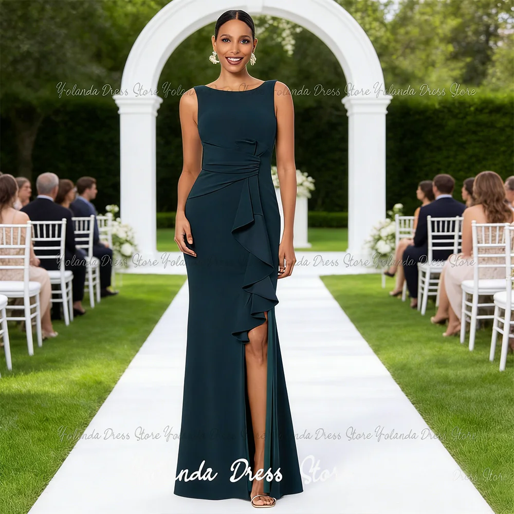 

Yolanda Customized 2026 Elegant Chiffon Mother of The Bride Dresses Women's Sleeveless Boat Neck Ruffle Side Slit Evening Gowns