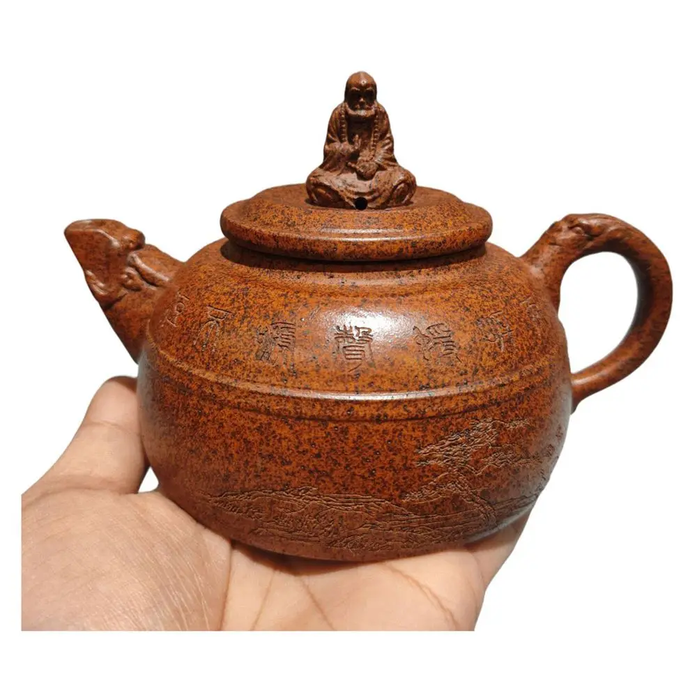 Pot en Zisha de Yixing, esthétique savante, avec relief calligraphique, dragon sculpté, paysage, poème zen Dharma gravé, méditation