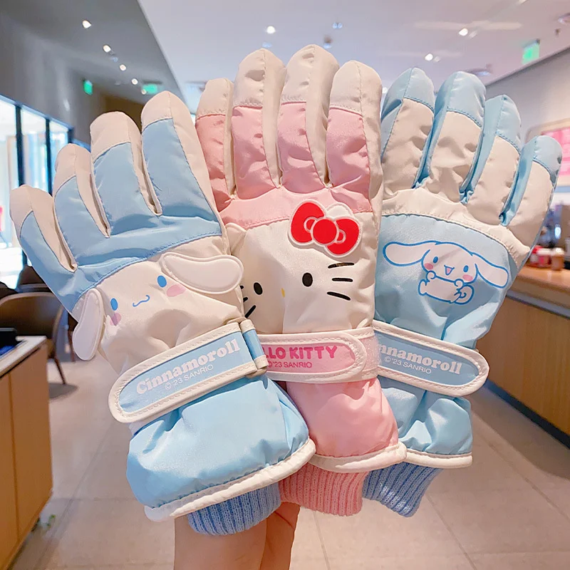 Sanrio Kuromi Melody Children Kids Ski Gloves Cinnamoroll Pochacco Waterproof Thicken Warm Adult Student Girl Five-finger Glove