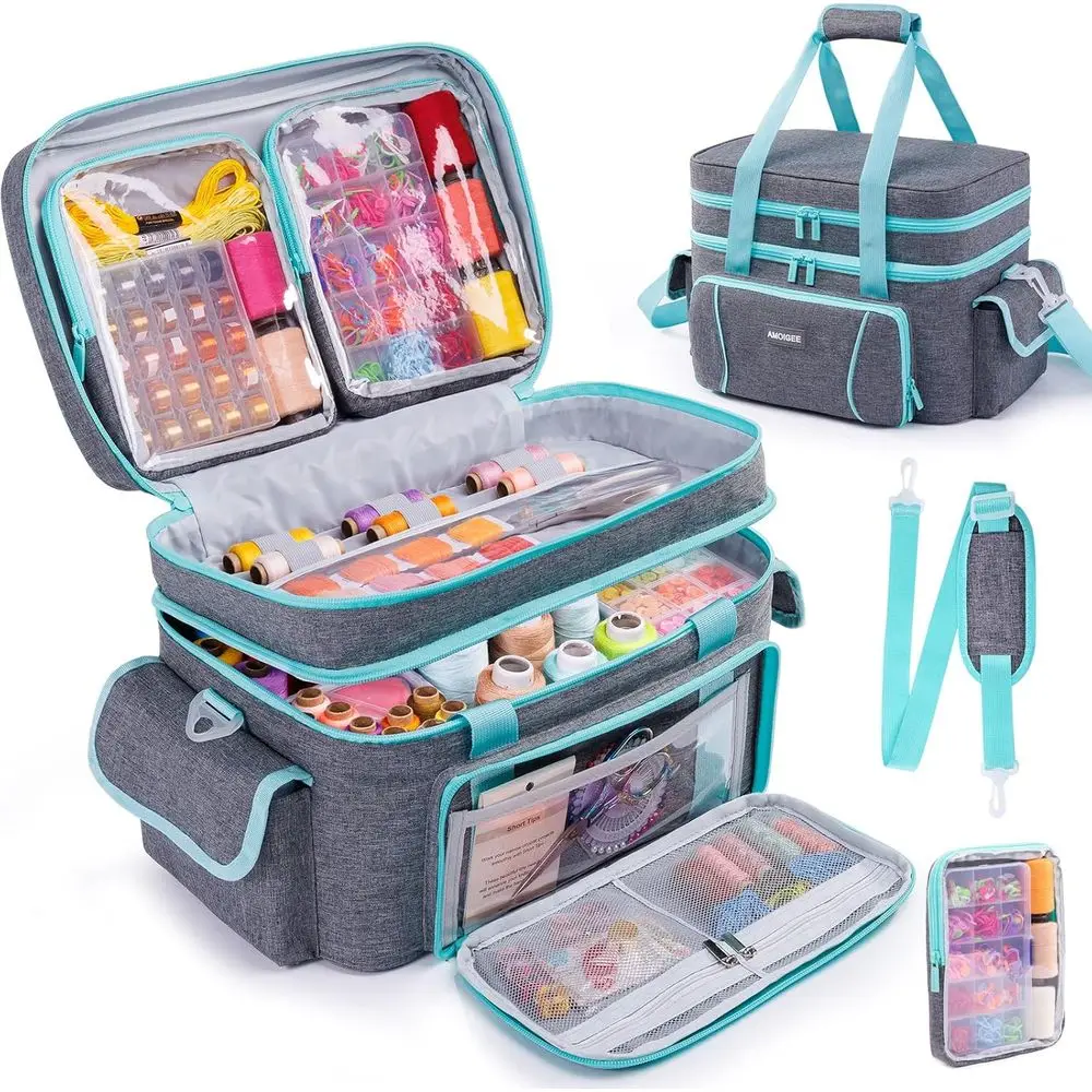 

AMOIGEE Double-Layer Sewing Storage Bag with 2 Detachable Pouches – Large Sewing Organizer with Shoulder Strap, Elastic Loops &
