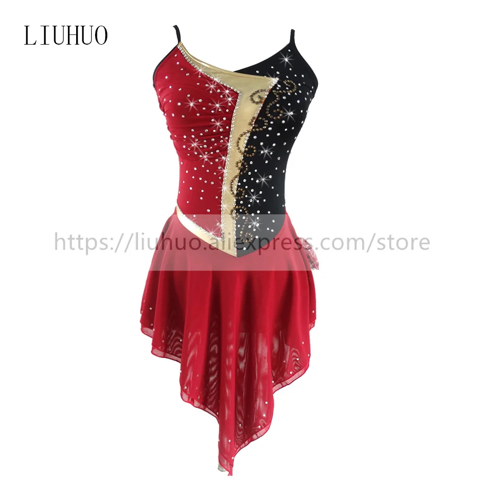 LIUHUO Women's Girls' Figure Ice Skating Dress Ballet Dance Stage Performance Stretch Competition Costumes Roller Wine Red Teens