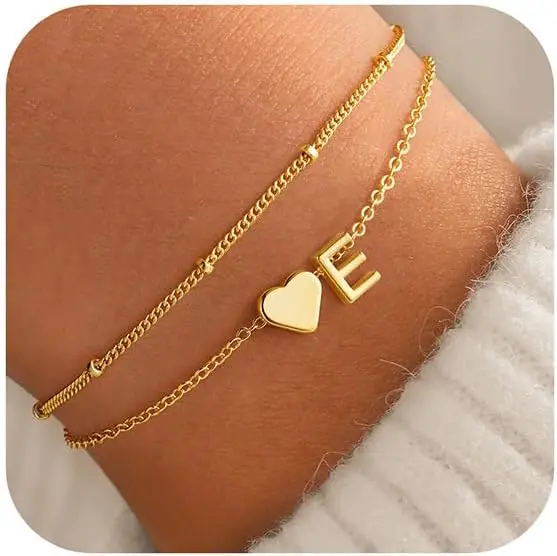 Regalos del Día de la Madre para Mamá e Hija - Pulsera con Inicial Dorada, Delicada, Chapada en Oro de 14K, con Corazón e Inicial