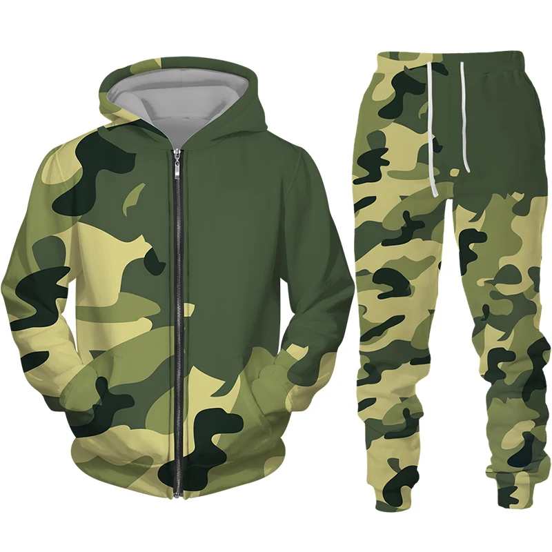 Fashion Camouflage Print Men's Zipper Tracksuit Sets Casual Hoodie+Pants 2pcs Sets Oversized Zipper Sweatsuit Trend Men Clothing