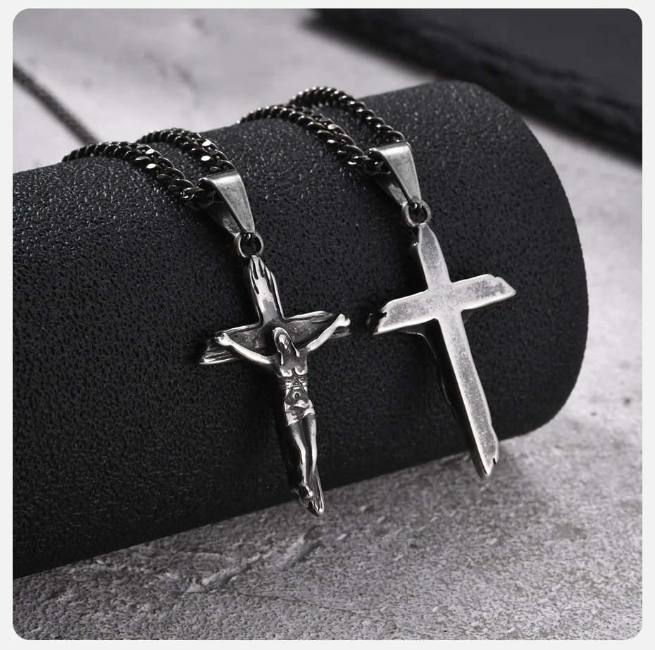 Vnox Herren Vintage Antik-Look Edelstahl Jesus Kruzifix Kreuz Anhänger Halskette, Retro Grau Religiöser Katholischer Halsschmuck – Detail 5