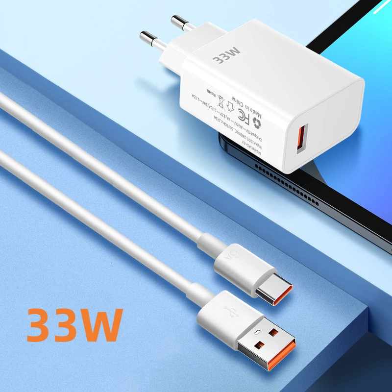 33W USB Fast Charger Quick Charge 3.0 USB Type C Cable 6A for Xiaomi Redmi Note 13/12 iPhone Samsung Mobile Phone Charge Adapter