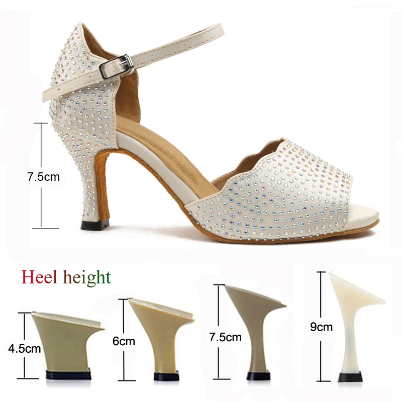 Summer Latin Dance Shoes Ladies Salsa Tango Ballroom Banquet Party Shoes Satin Rhinestone Skin Bronze Girls High Heel Sandals