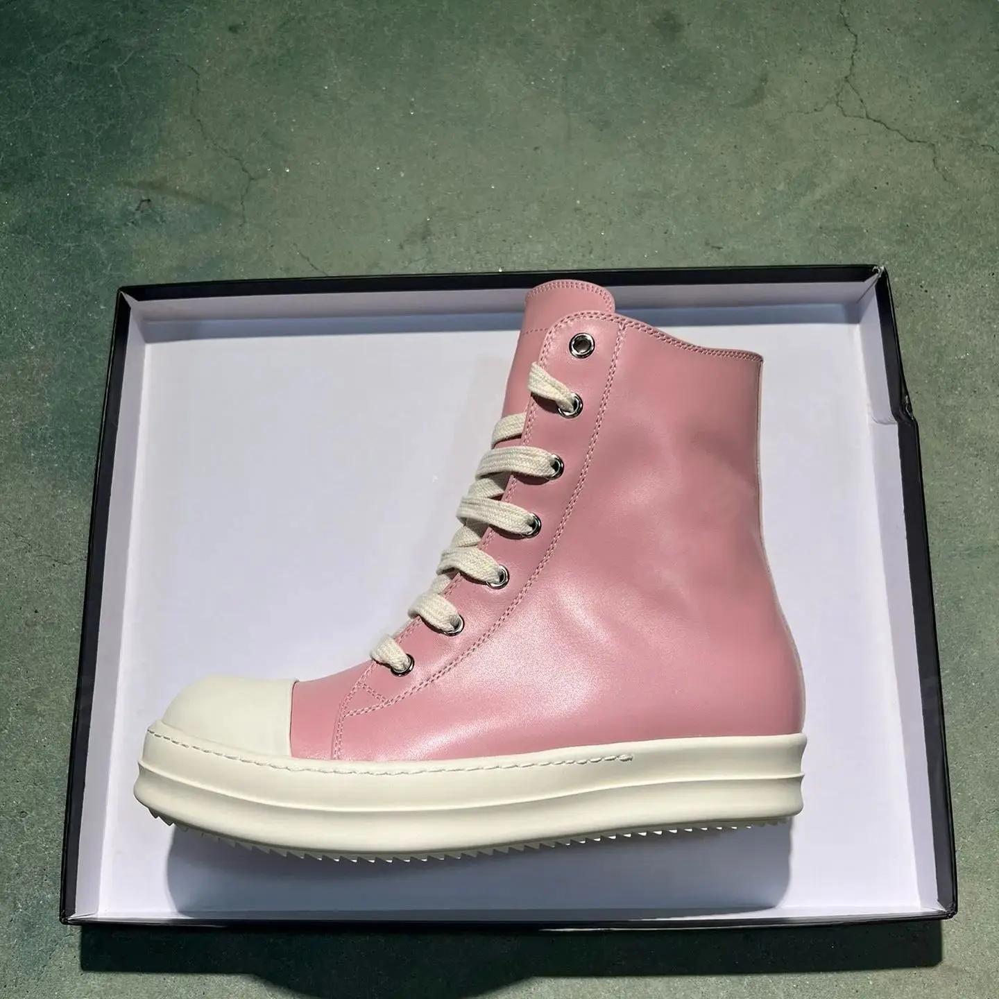 

Brand RO Shoes Ricks Men High Top Shoe Ice Pink Leather Shoes Women Owens Casual Shoes Luxury Flat Boot Lace Up Zip Sneaker