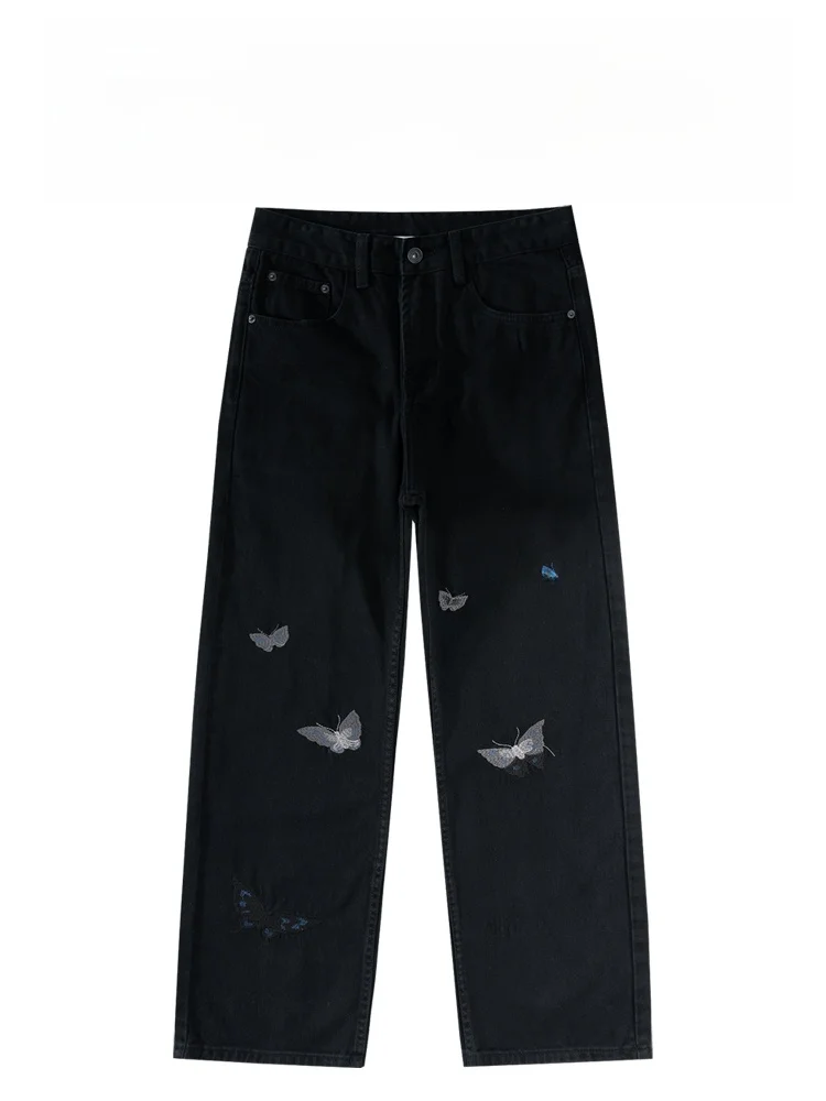 

American Sle Embroidery Straight Leg Loose Fit Men's Pure Cotton High Quali Jeans Long Pants Faion Urban Casual