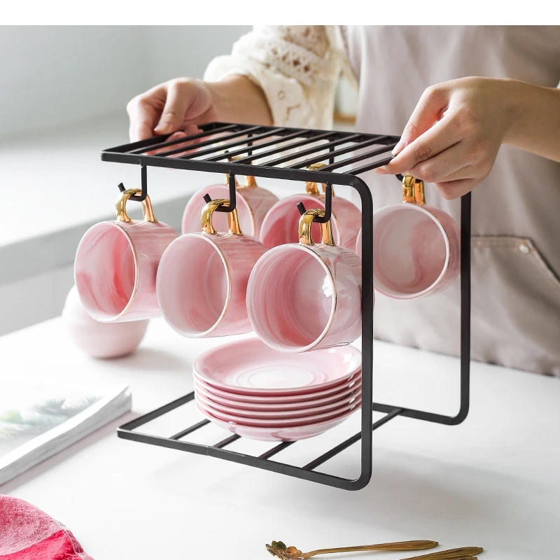 

Iron Coffee Cups Set Holder Household Drain Mug Organizer Mugs Mark Cup Storage Shelf Kitchen Bar Utensil