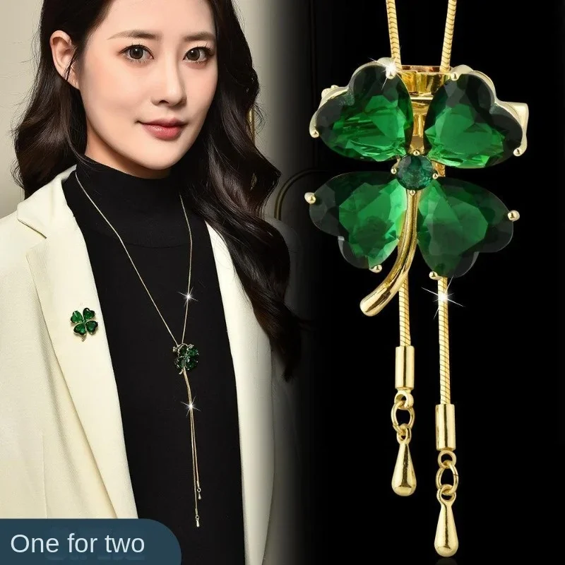 2024 New Green Crystal Clover Long Necklace for Women Classic Sweater Chain Brooch Two Ways To Wear