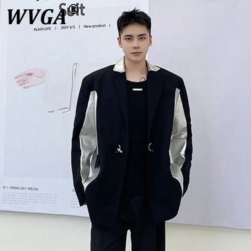 

WVGA Blazer Coats New Man Spring Autumn Tide Personality Pu Patchwork Trendy Niche Casual Long Sleeve Suit Jacket Ins Y2K W11165