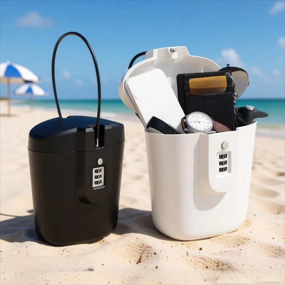Portable Handle Beach Safe Box Multi-Functional Anti-Drop Beach Bucket Security Box Black 3-Digit Combination Lock