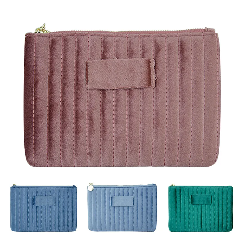 5pcs Makeup Bags Women Velvet Plain Square Large Capacity Sweet Protable Cosmetic Bag Mix Color