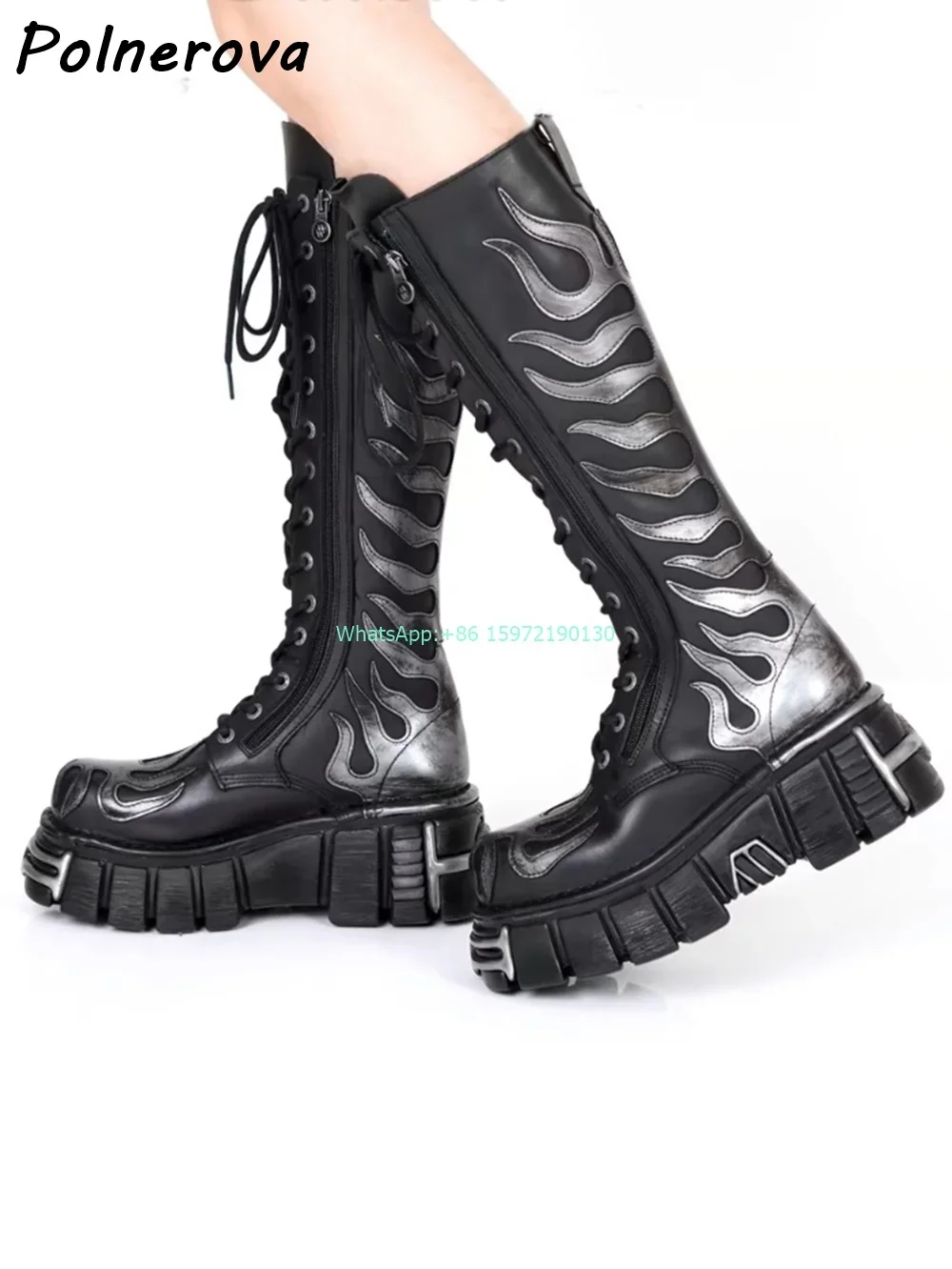 Metal Fire Dark Punk Boots Round Toe Platform Thick Soled Cross Tied Zipper Shoes Women's Fashion Cool Knee High Boots 2024