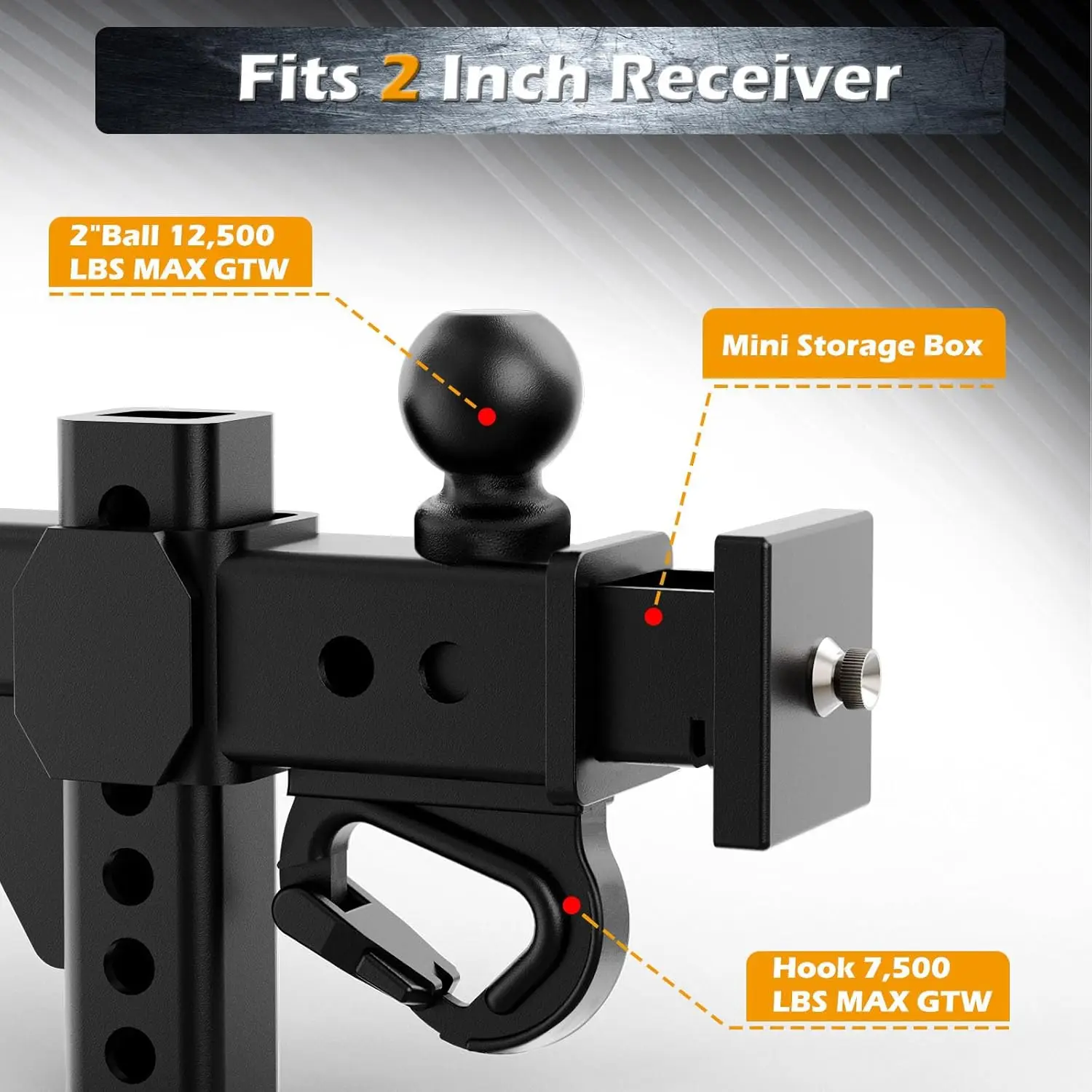 وصلة مقطورة 2 بوصة قابلة للتعديل، 12,500 رطل GTW، قطرة 6 بوصة، أسود، مع كرة سحب وصندوق تخزين #2