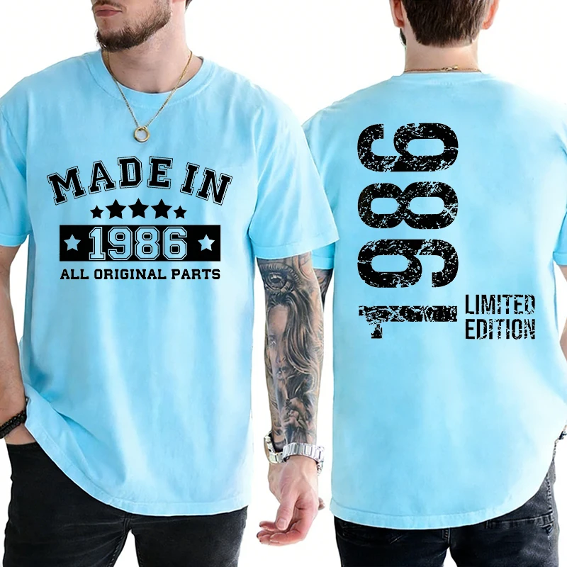 40th Birthday Retro T-shirts for Men: Made in 1986 All Original Parts Front & 40 Limited Edition Back Graphic Short Sleeve Tees