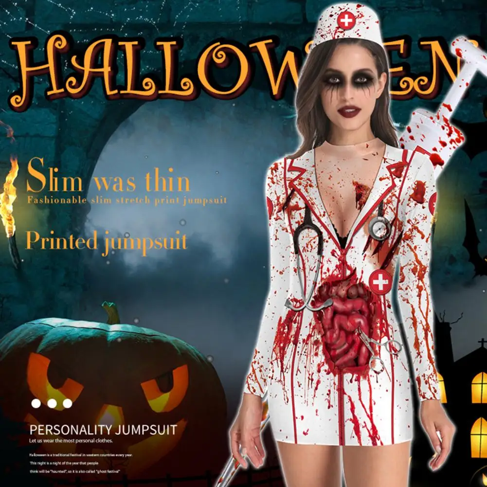 

Bloody Nurse Printed Ladies Dress Sexy Long Sleeve Zombie Pattern Cosplay Women Dress Festival Halloween Printed Pack Hip Dress